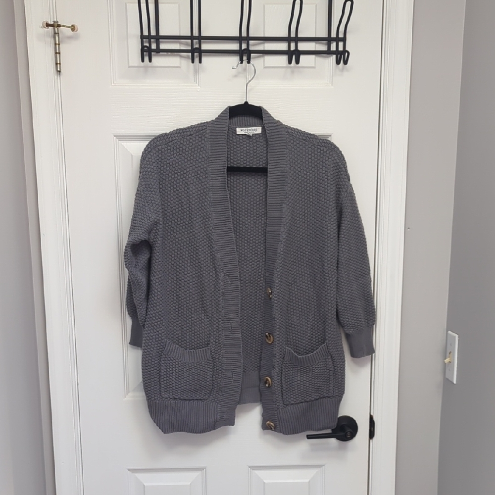 Workshop Republic Clothing Gray Knit Sweater with Blue Logo Tag